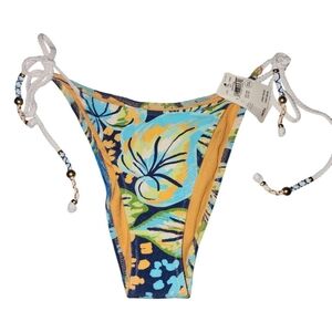 Aerie Floral Colorful Beaded Tie Waist Cheekiest  Bikini Bottom